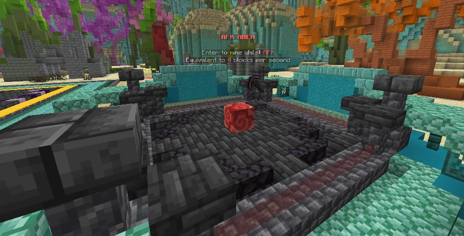 The AFK area, signposted "Enter to mine whilst AFK — equivalent to 4 blocks per second".